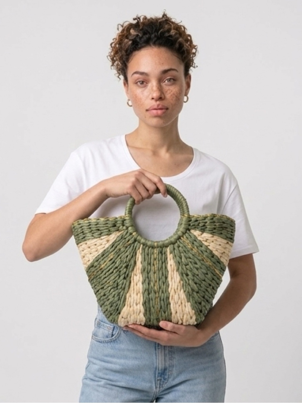 Woven Round-Handle Straw Tote in Green and Natural